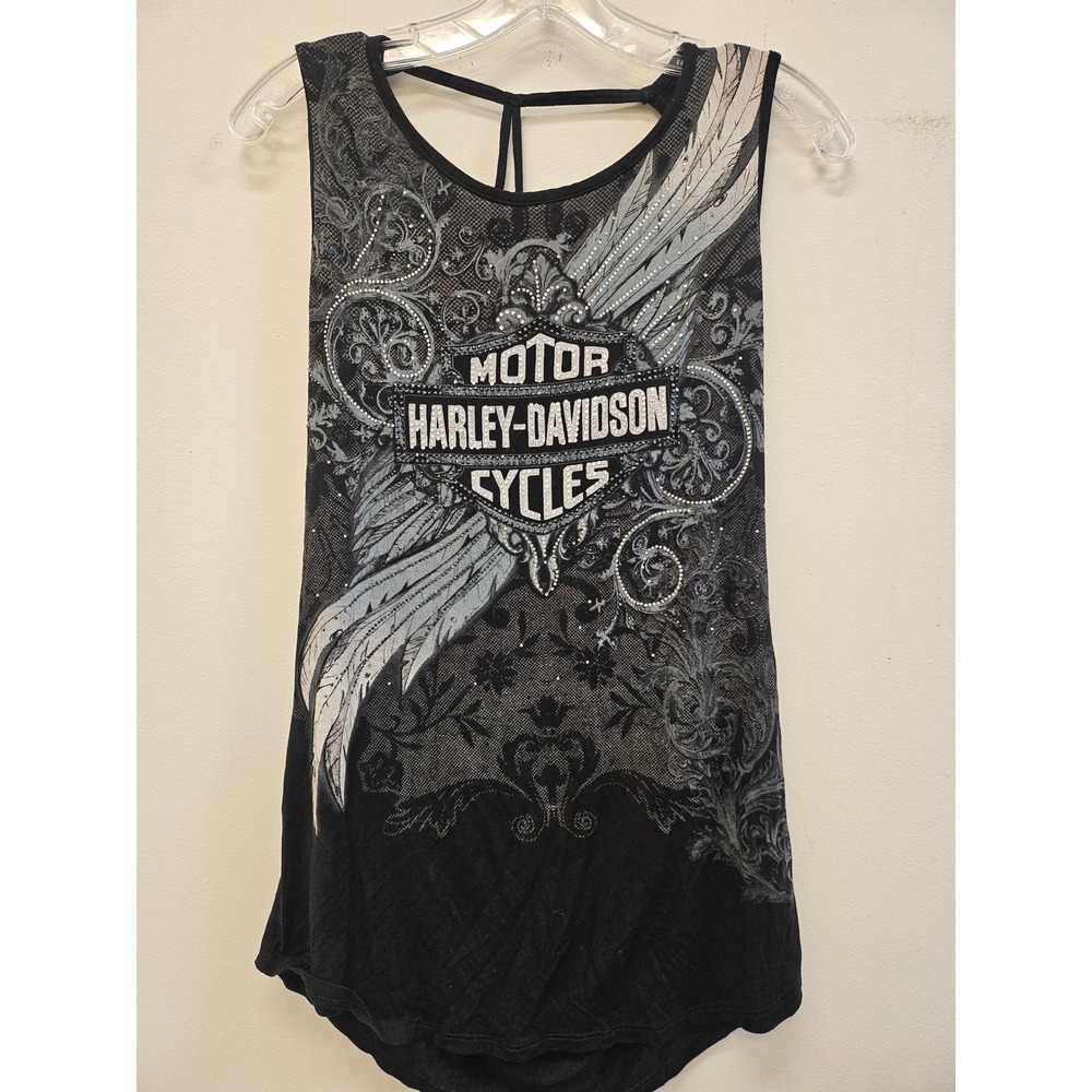 Harley-Davidson Womens Rhinestone Graphic Tank Top Draped Cowl Back Black Large